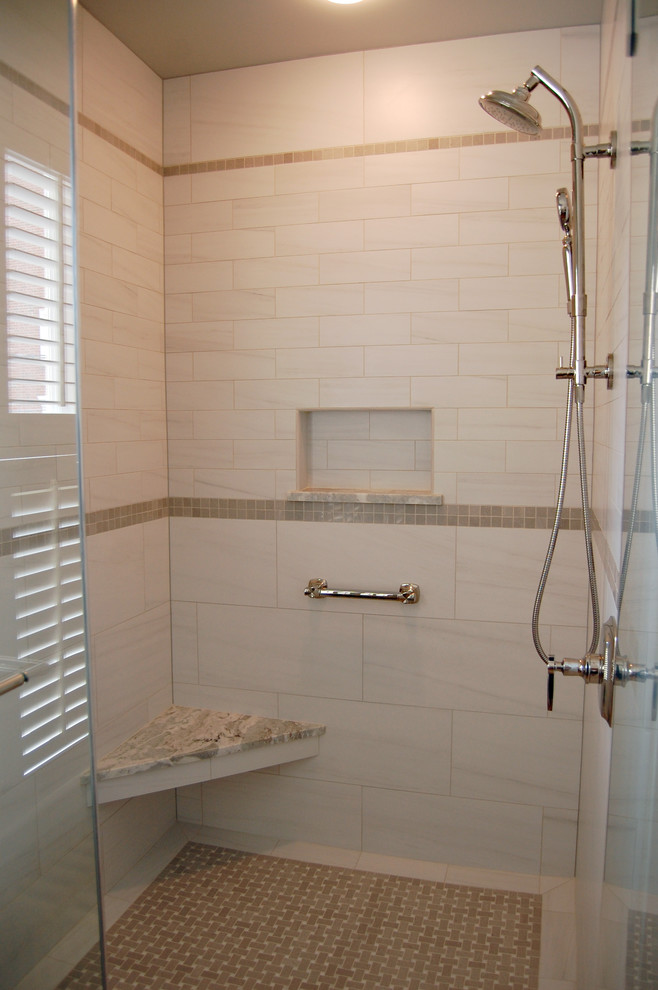 Photo of a large eclectic master bathroom in Other with shaker cabinets, white cabinets, a corner shower, a two-piece toilet, white tile, marble, grey walls, light hardwood floors, an undermount sink, granite benchtops and a hinged shower door.