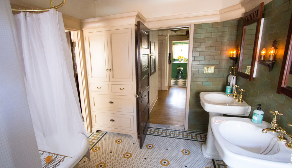 Large arts and crafts bathroom in Los Angeles with shaker cabinets, beige cabinets, a claw-foot tub, a shower/bathtub combo, a two-piece toilet, green tile, ceramic tile, green walls, mosaic tile floors, a pedestal sink and marble benchtops.
