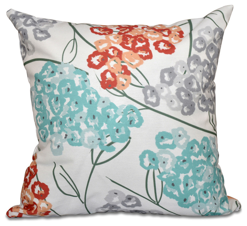 Hydrangeas, Floral Print Pillow, Coral, 16"x16"