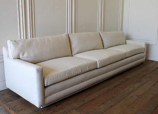 Mid Century Modern Sofa Reupholstered In Natural Linen Blend