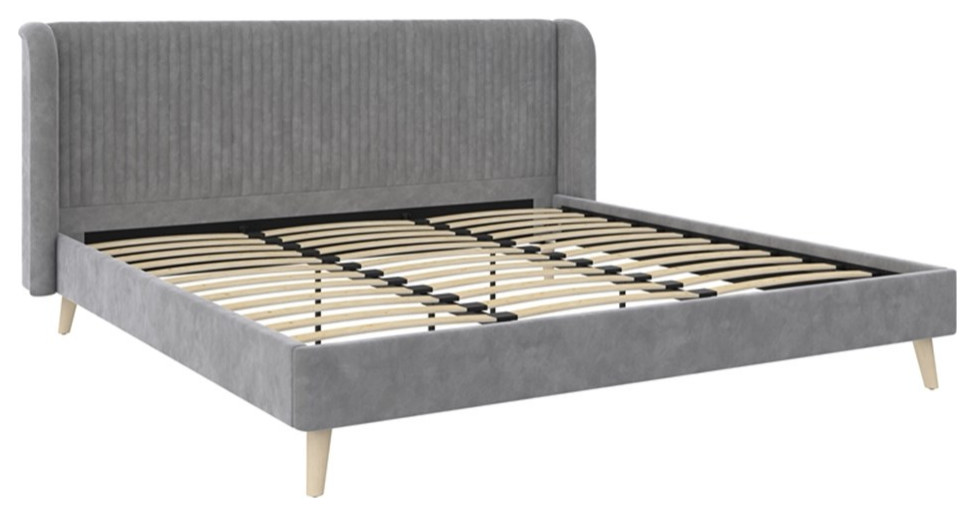 Novogratz Holly Upholstered Wingback Bed Frame King Light Gray Velvet