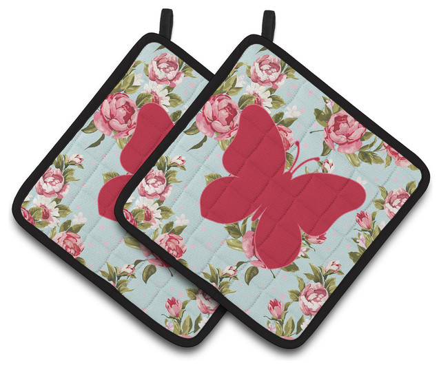 Butterfly Shabby Chic Blue Roses Pot Holders, Set of 2 Contemporary