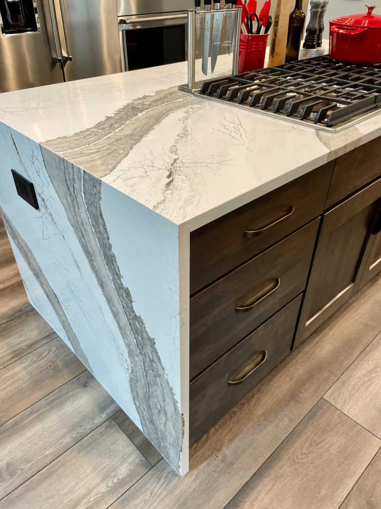 Two Island Kitchen with Gray Stain and Waterfall Counters ...