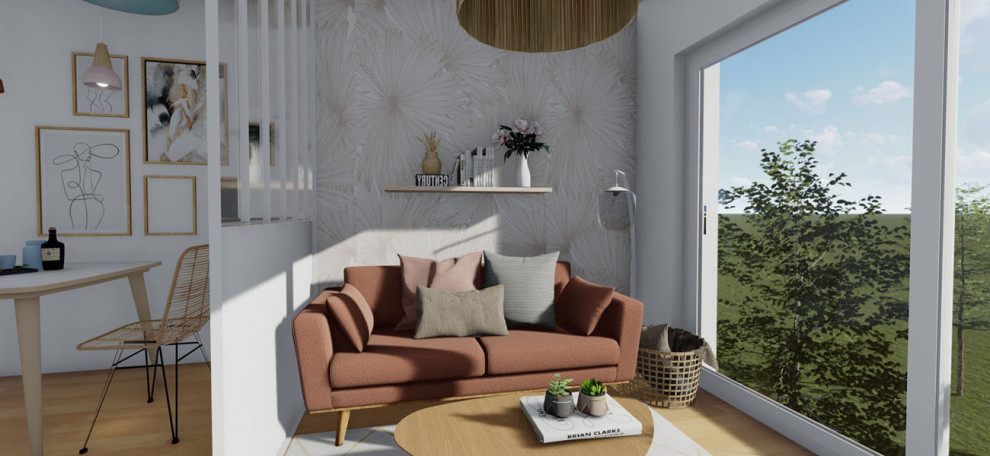 Exemple d'un salon scandinave ouvert avec un mur blanc, parquet clair, aucune cheminée et un sol beige.