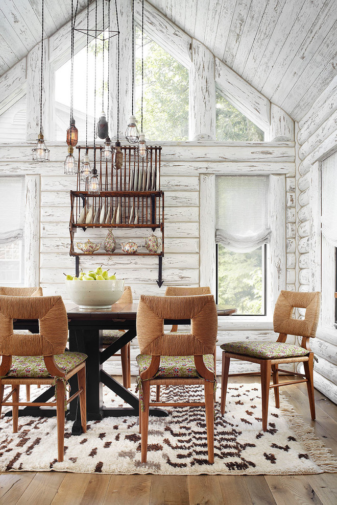 Inspiration for a rustic medium tone wood floor dining room remodel in Milwaukee