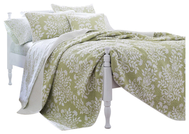King Size 100 Cotton 3 Piece Quilt Set In Sage Green White Floral