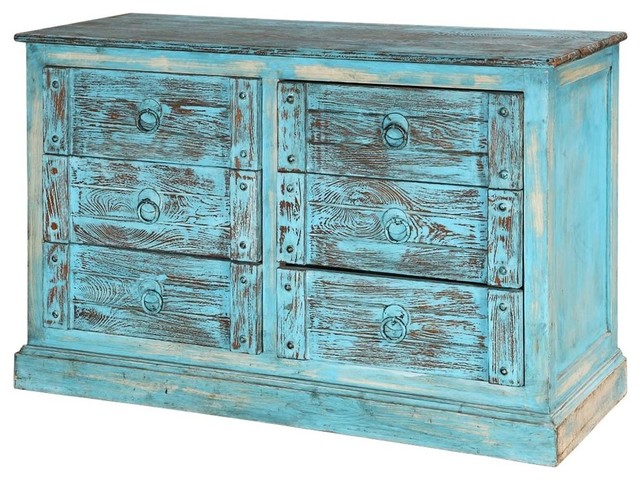 Turquoise Trail Lightly Blue Distressed 6 Drawer Accent Double