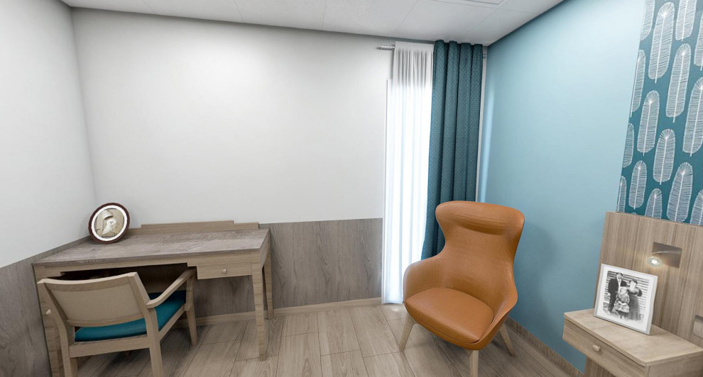 Mittelgroßes Modernes Schlafzimmer mit grüner Wandfarbe, Linoleum, beigem Boden und Tapetenwänden in Marseille