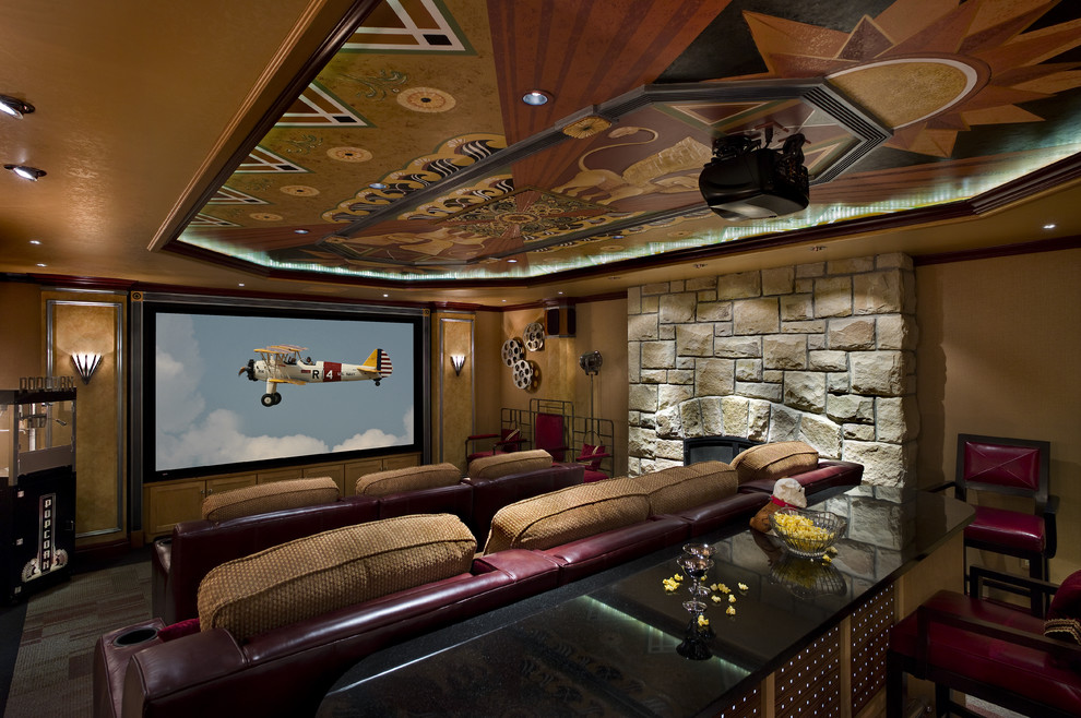 Large eclectic enclosed home theatre in Other with carpet, a projector screen, multi-coloured floor and brown walls.