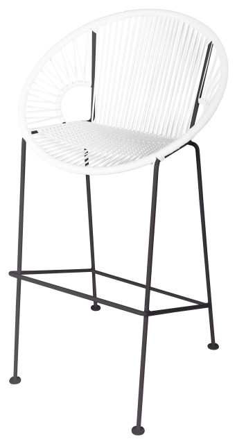 Puerto 31" Handmade Indoor/Outdoor Bar Height Stool With Black Frame, White Weave