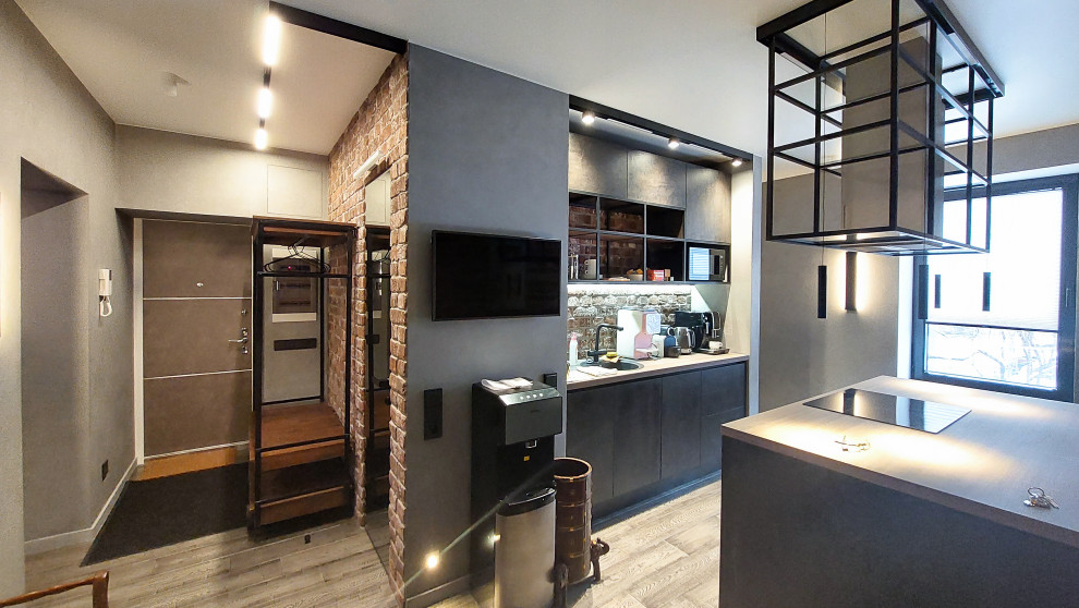 Квартира в Москве в стиле лофт, кухня, холл, санузел, кладовая. 2020 г.