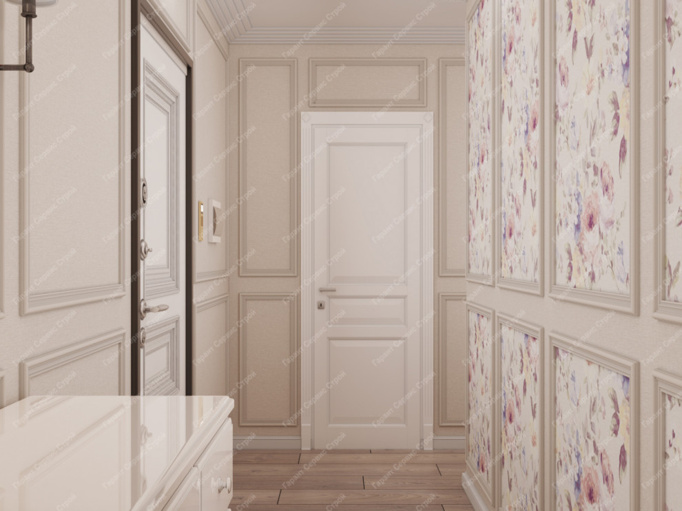 Ispirazione per una piccola porta d'ingresso minimal con pareti beige, pavimento in gres porcellanato, una porta singola, una porta in legno chiaro, pavimento beige e pannellatura