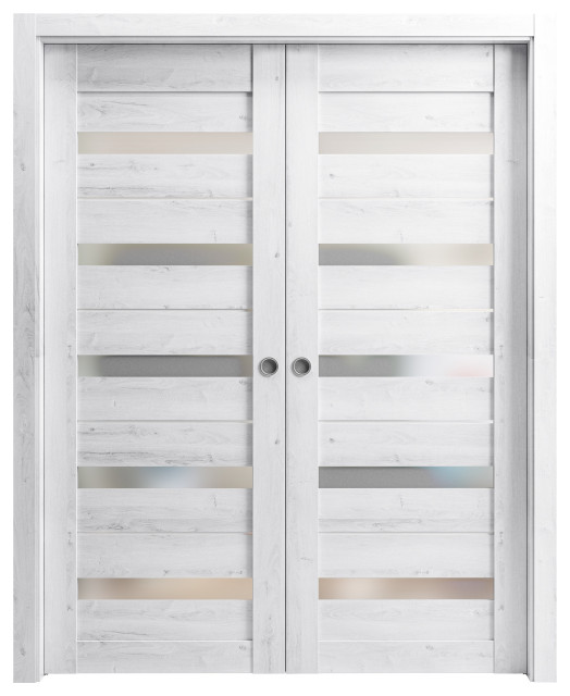 Sliding Double Pocket Doors 56 x 80, Quadro 4445 Nordic White & Frosted Glass