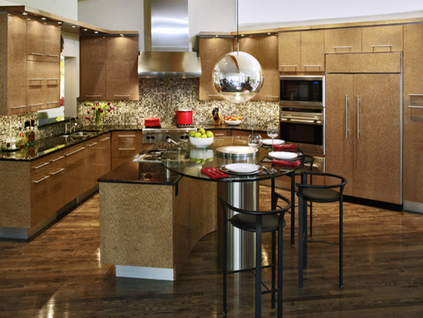 Inspiration for a contemporary u-shaped eat-in kitchen in Denver with louvered cabinets, brown cabinets, quartzite benchtops, multi-coloured splashback, stainless steel appliances, dark hardwood floors and multiple islands.