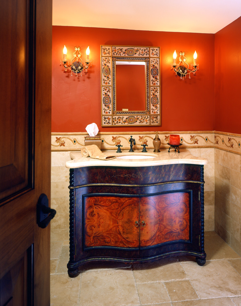 Expansive traditional 3/4 bathroom in San Francisco with furniture-like cabinets, red cabinets, beige tile, stone tile, limestone floors and limestone benchtops.