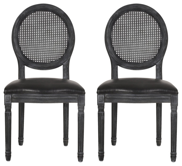 2 Pack Dining Chair, Gray Wood Frame With Rattan Back & Black Faux Leather Seat