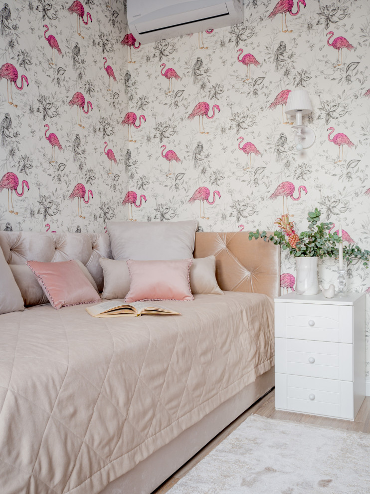 Inspiration for a mid-sized transitional kids' room for girls in Other with multi-coloured walls, beige floor and wallpaper.