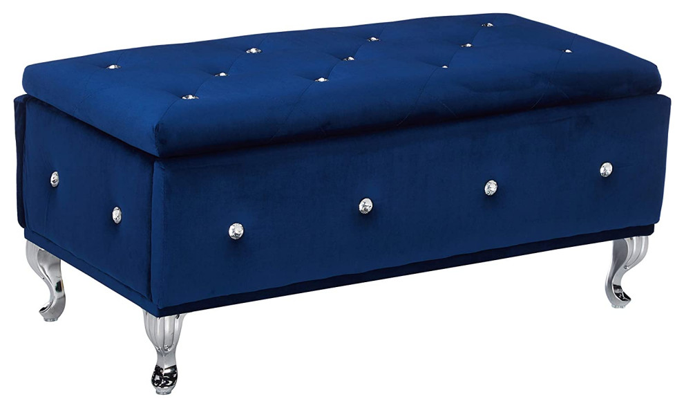 Blue Velvet Tufted Design Upholstered Storage Bench Ottoman