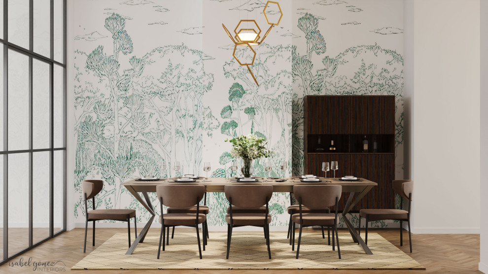 Idee per una sala da pranzo aperta verso il soggiorno scandinava con pareti blu, parquet chiaro e carta da parati