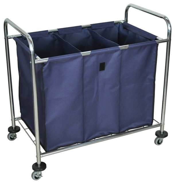Industrial Laundry Cart With Steel Frame And Navy Canvas Bag With Dividers