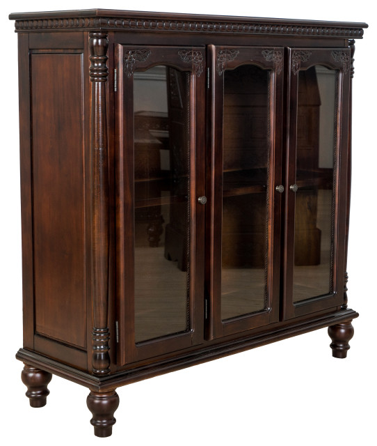 Traditional Wood and Glass Accent with Carved Details, Brown