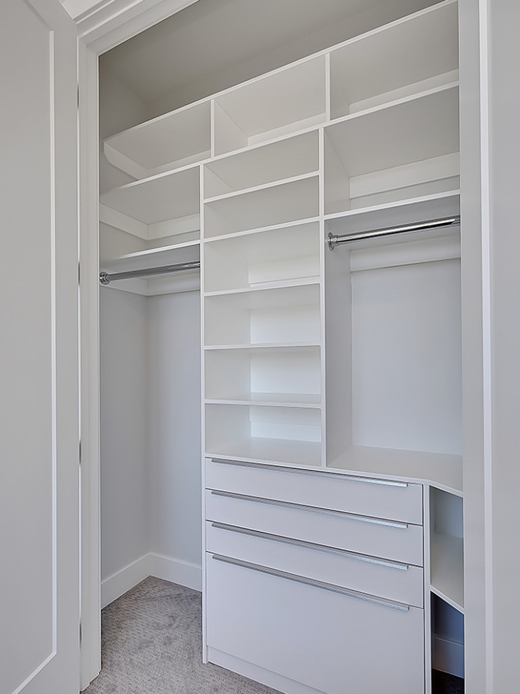 Design ideas for a small contemporary gender-neutral built-in wardrobe in Calgary with flat-panel cabinets, white cabinets, carpet and grey floor.