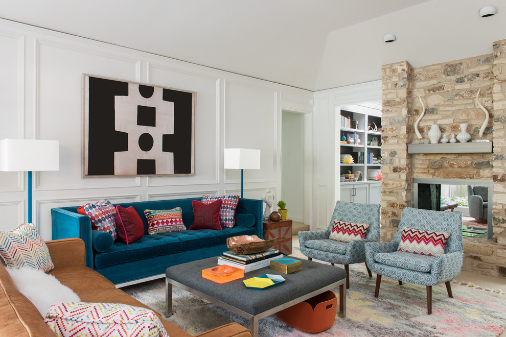 This is an example of a contemporary formal enclosed living room in Austin with white walls and a two-sided fireplace.