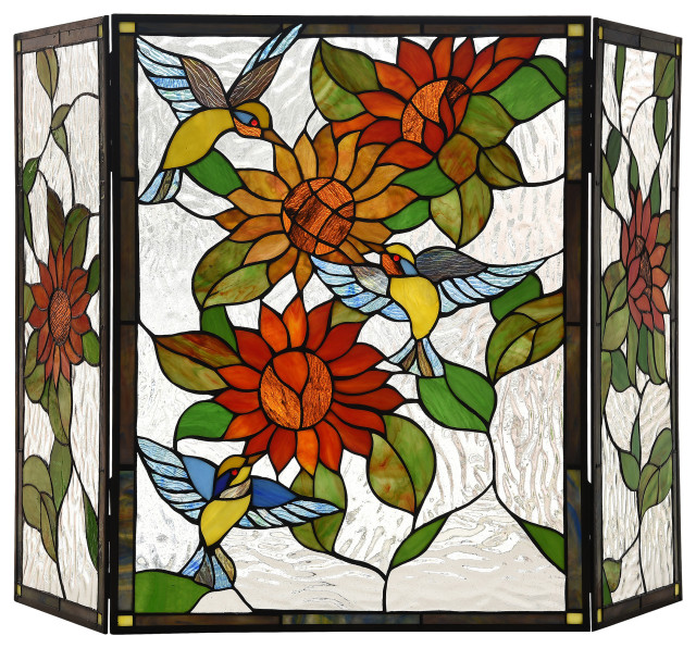 CHLOE Lighting Sunflower Tiffany 3-Piece Folding Floral Fireplace Screen