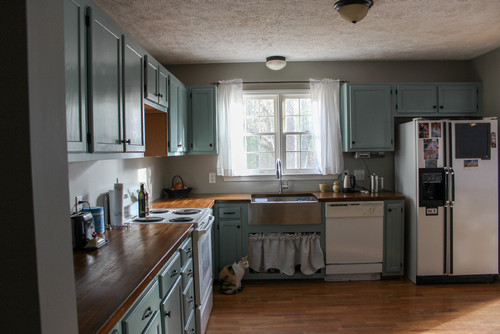 Our Acacia Butcher Block Counters & Blue Cabinets!