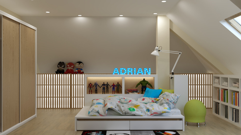 Ejemplo de dormitorio principal actual de tamaño medio con suelo de madera clara, suelo beige, techo inclinado, papel pintado y con escritorio