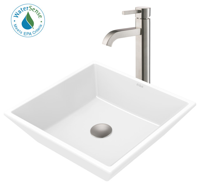 Elavo Square Ceramic Vessel Sink, Bathroom Ramus Faucet, Drain, Nickel