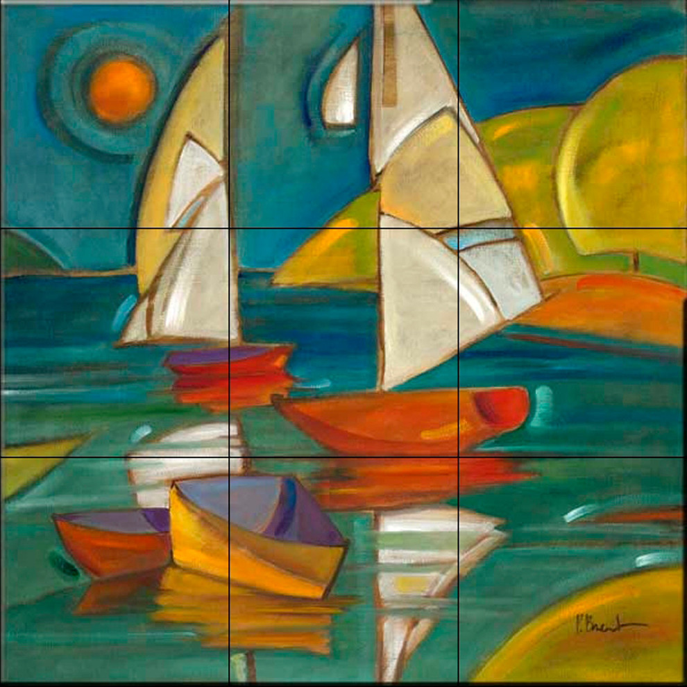 Tile Mural, Portofino Boats by Paul Brent, 18" x 18" (9 Tiles) Beach