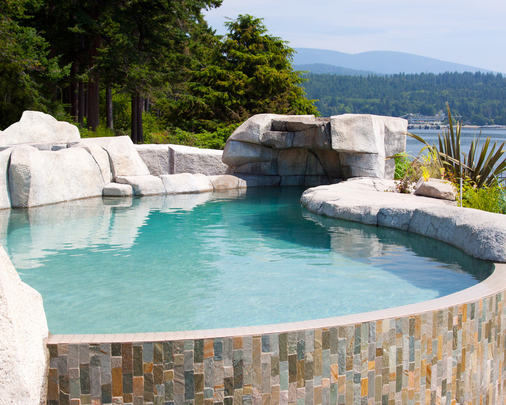 Inspiration for a rustic backyard freeform natural pool fountain remodel in Vancouver
