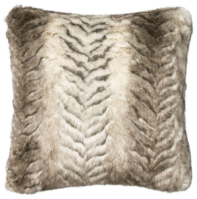 Faux Fur Pillow, White and Gray, 22"x22", Down Insert
