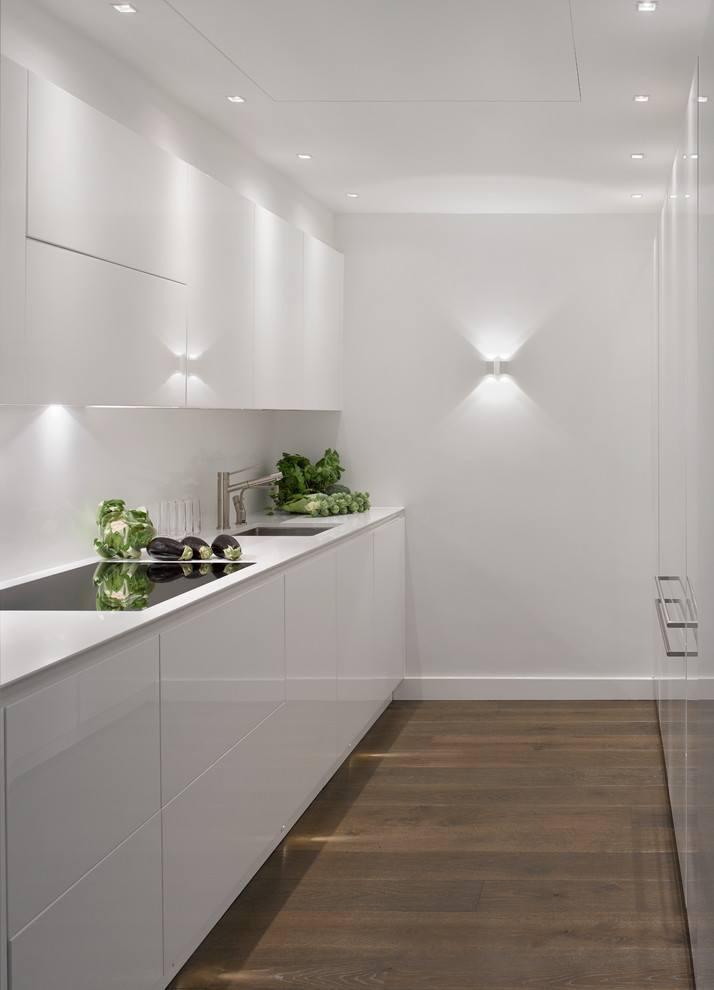 Inspiration for a mid-sized transitional galley separate kitchen in London with an undermount sink, flat-panel cabinets, white cabinets, solid surface benchtops, white splashback, porcelain splashback and dark hardwood floors.