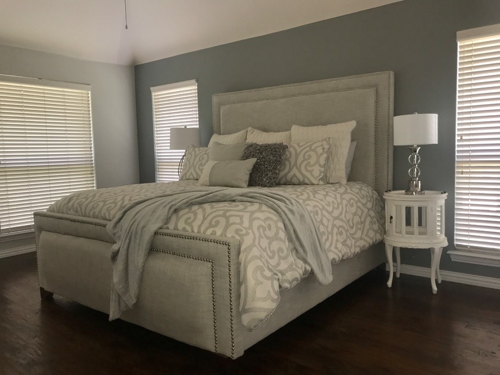Design ideas for a large transitional master bedroom in Dallas with multi-coloured walls, dark hardwood floors and brown floor.