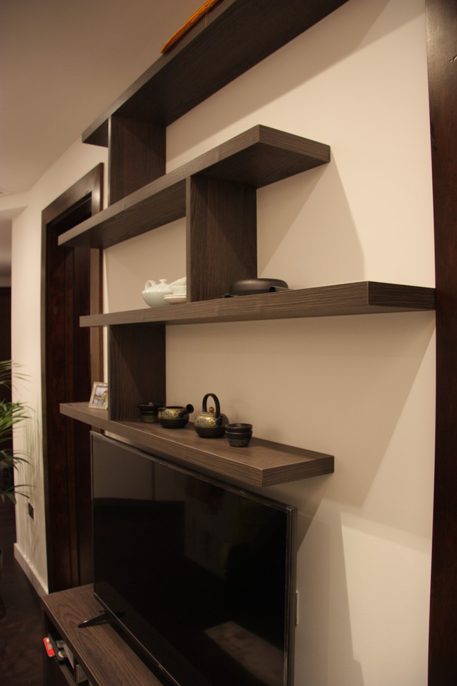 Wood veneer custom made media unit with floating shelves and wardrobe