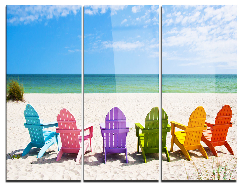 "Adirondack Beach Chairs" Photo Metal Wall Art, 3 Panels, 36"x28", 36"x28" 3 Panel Beach Style