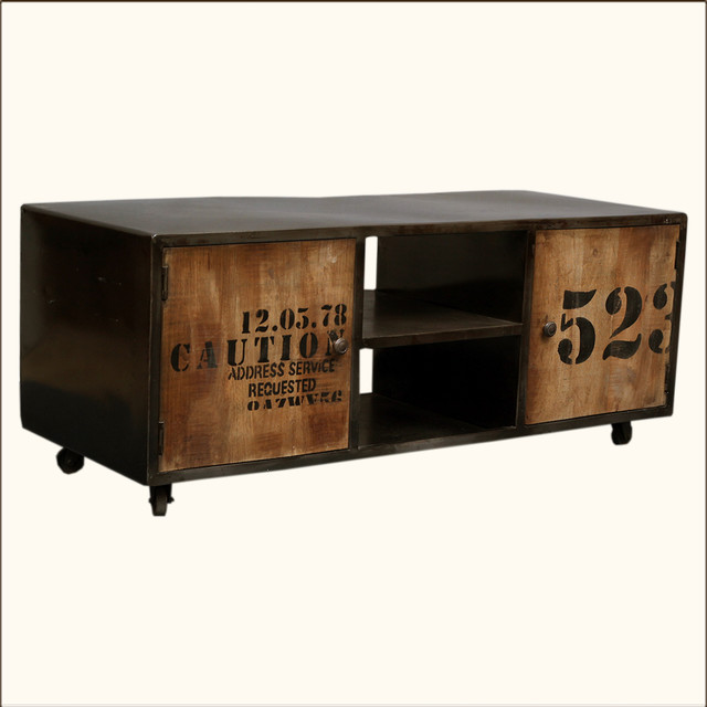 Industrial Reclaimed Wood & Iron Rustic Media Center TV Stand Rolling