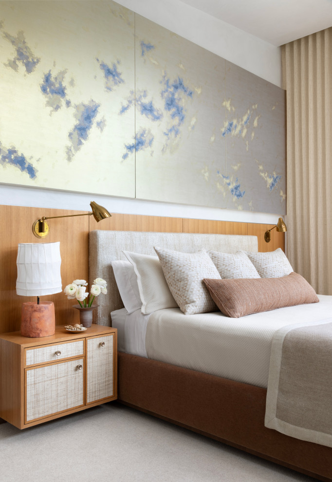 Inspiration for a modern carpeted and gray floor bedroom remodel in Denver with white walls