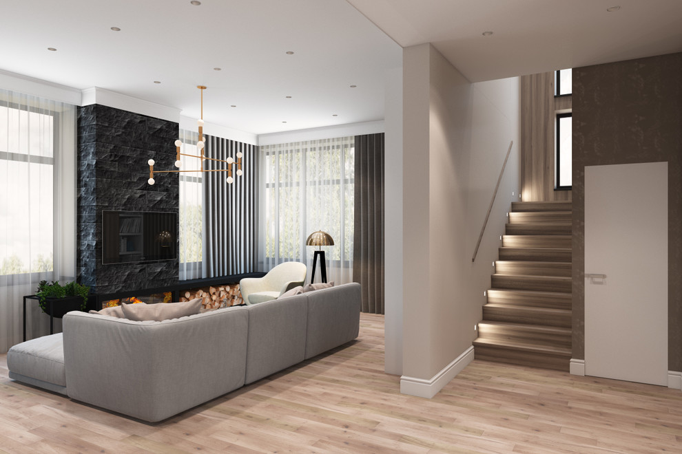 Гостиная с кухней в загородном доме