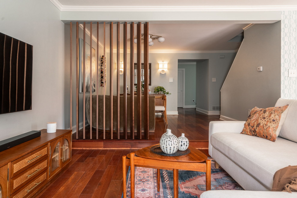 Boho Bachelor Daddy Pad - Bryn Mawr - A boho home perfect for the single father of two girls. It's filled with vibrancy, pops of pink in every room. You wouldn't guess that it was a bachelor pad! Wallpapers galore, mixed wood tones throughout, eclectic vibes.