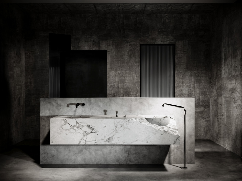Inspiration for a large modern cloakroom in London with grey cabinets, grey tiles, grey walls, concrete flooring, a wall-mounted sink, marble worktops, grey floors, grey worktops, a floating vanity unit and exposed beams.