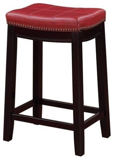 Linon Claridge 26" Wood Backless Counter Stool Red Faux Leather in Dark Brown