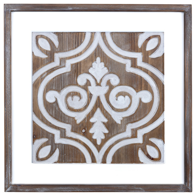 Stratton Home Decor Farmhouse Ornate Carved Wood Inlay Tile Wall Decor