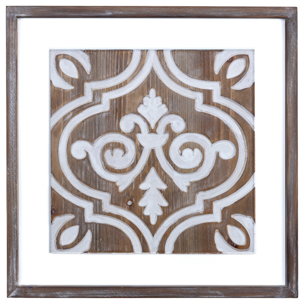 Stratton Home Decor Farmhouse Ornate Carved Wood Inlay Tile Wall Decor
