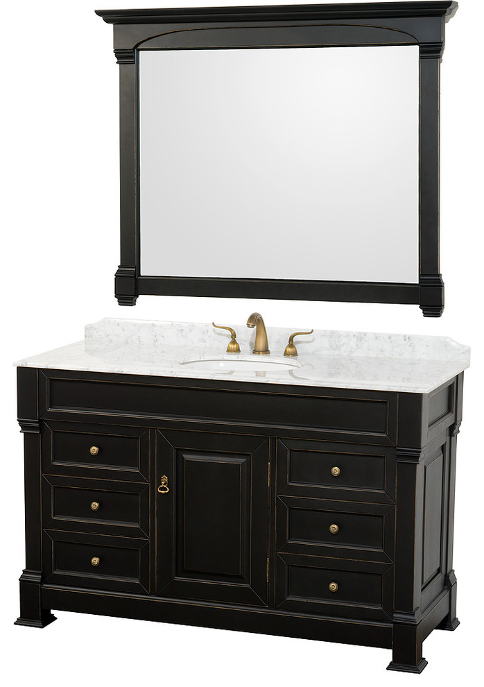 Andover 55" Vanity Round Sink 50" Mirror Antique Black White Carrera Marble