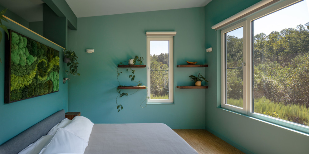 Идея дизайна: маленькая хозяйская спальня в стиле модернизм с синими стенами, пробковым полом, коричневым полом и сводчатым потолком для на участке и в саду