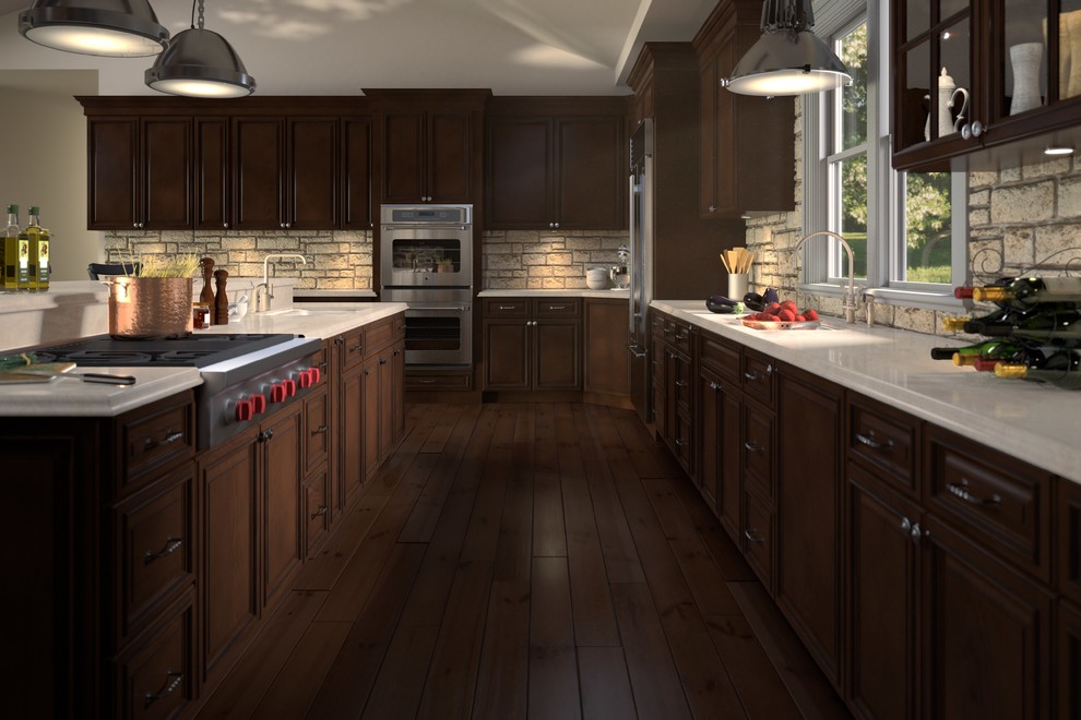 Inspiration for a large transitional l-shaped dark wood floor and brown floor eat-in kitchen remodel with raised-panel cabinets, marble countertops, multicolored backsplash, stone tile backsplash, stainless steel appliances, an island, a double-bowl sink and dark wood cabinets