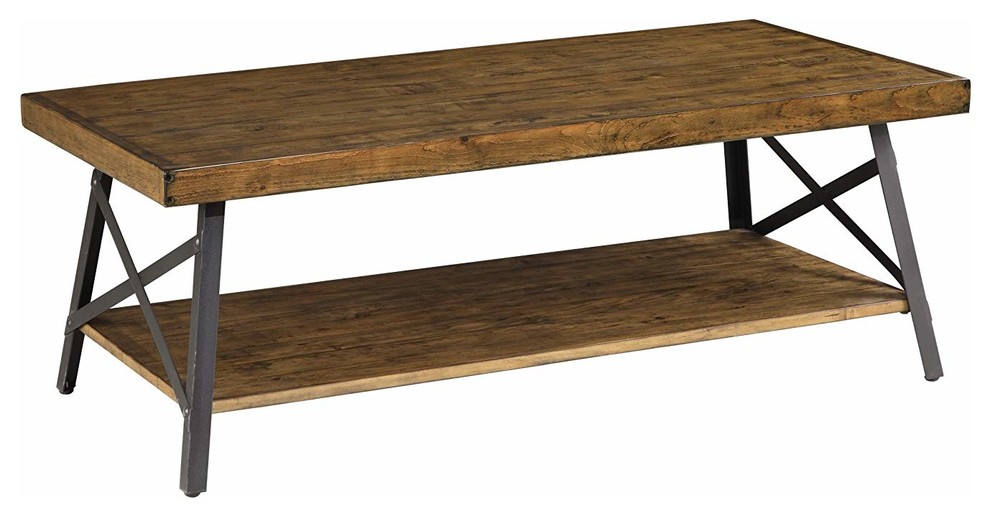 Rustic Stylish Coffee Table With Solid Pine Wooden Top And Black Metal Frame